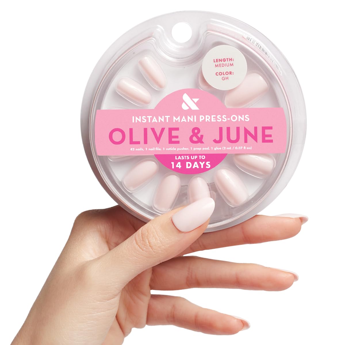 Olive & June Instant Mani Press-On Nails (Glue) | 42 Fake Nails, 21 Sizes | Non-Toxic Long-Lasting Recycled Materials Realistic Look | Salon-Quality at Home | Medium, Oval | GH