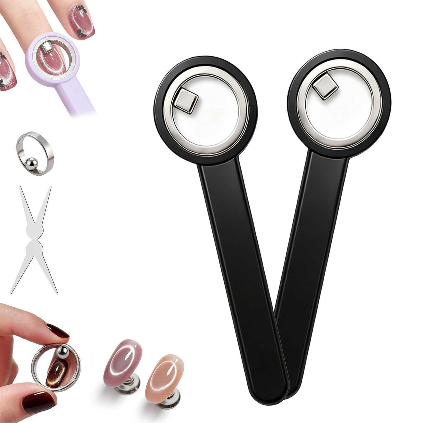Ring-Shaped Cat Eye Magnet for Nails, Hollow Magnetic Design Circle Cat Eye Magnet for 3D Halo French Tip Nail Art, Home Salon DIY Manicure Tool (2Pcs-Black)