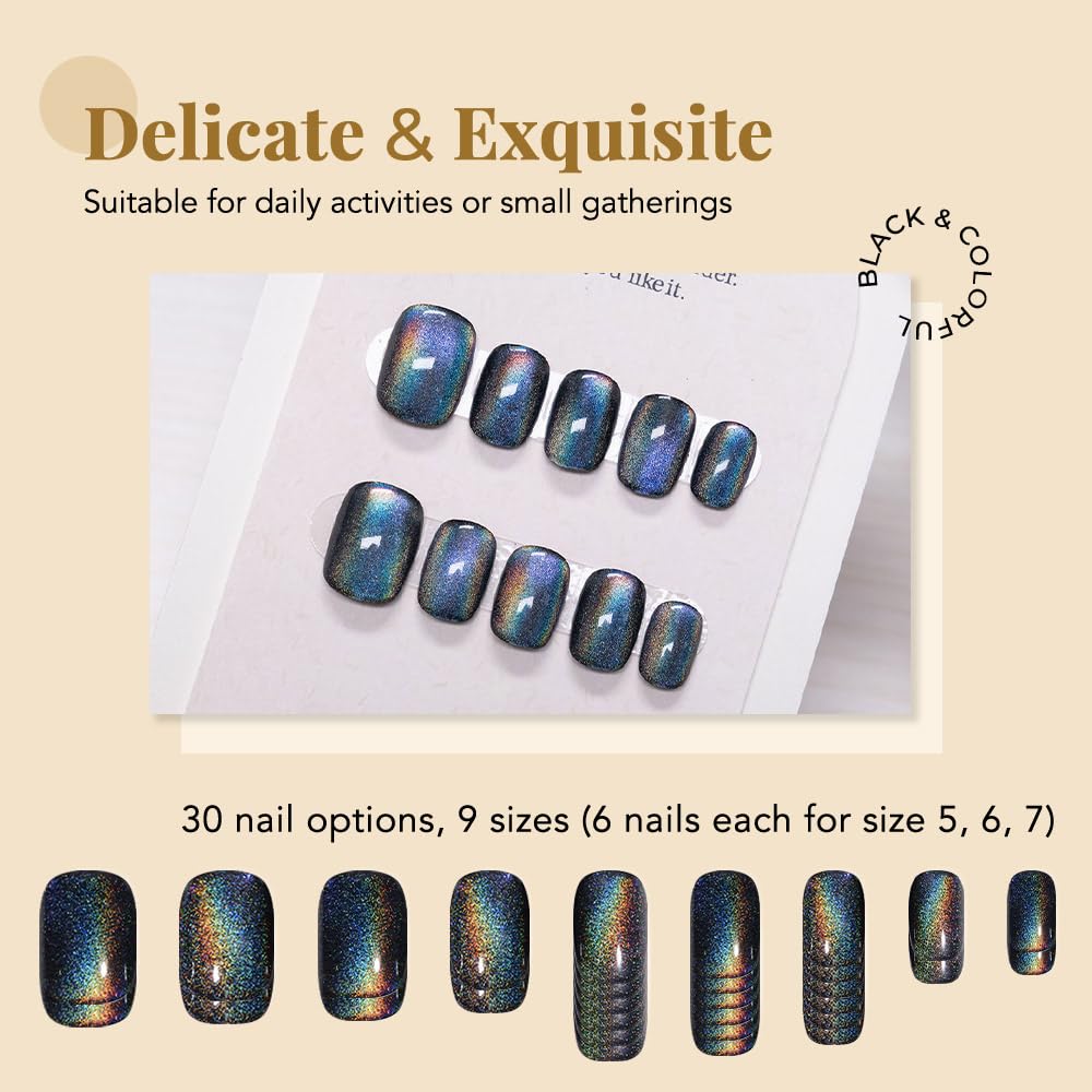 evpct Black Chrome Cat Eye Short Press on Nails Square No Glue, Short Square Fake False Nails Press ons for Women Gift, Black Glitter Glossy Reusable Spring Summer Soft Acrylic Fake Nail with Design