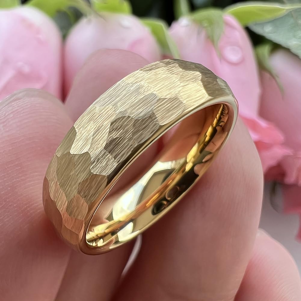 TUTISS 6mm Gold Hammered Tungsten Rings for Men Women Engagement Wedding Bands Domed I Love You Engraved Comfort Fit Size 7