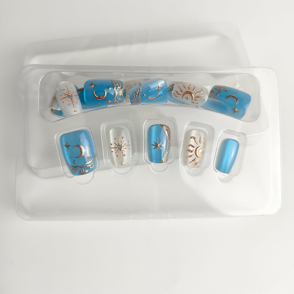 30Pcs Short Press on Nails Coffin Fake Nails Shiny Blue White False Nail 3D Star Moon Sun Design Glossy Glitter Glue on Nail Full Cover Acrylic Nails Press ons Artificial Fingernails for Women