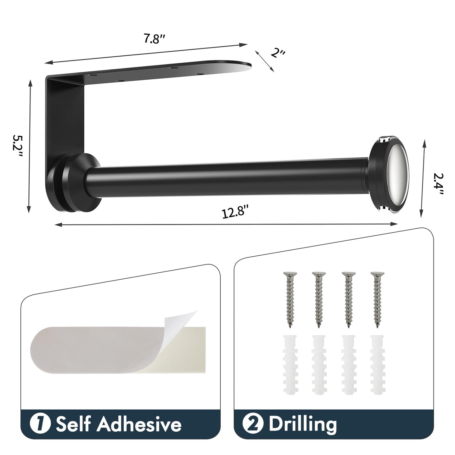 theaoo Under Cabinet Paper Towel Holder for Kitchen, Easy One-Handed Tear, Quick Release Knob for Easy Roll Loading, Wall-Mounted Dispenser, Self-Adhesive or Drill Mounting, Black Stainless Steel