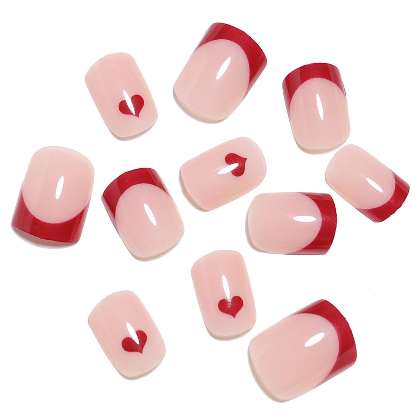 French Tip Press on Nails Red Heart Fake Nails Short Square False Nails with Design Glossy Glue on Nails Acrylic Nails Full Cover Stick on Nails for Women Nails Decoration