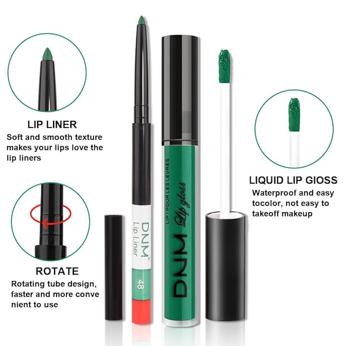 evpct 2Pcs Emerald Forest Green Matte Liquid Lipstick Lip Gloss Stain and Retractable Lip Liner Makeup Set for Women Long Lasting Waterproof 24 Hours Lipstick labial mate larga duracion 24 48#