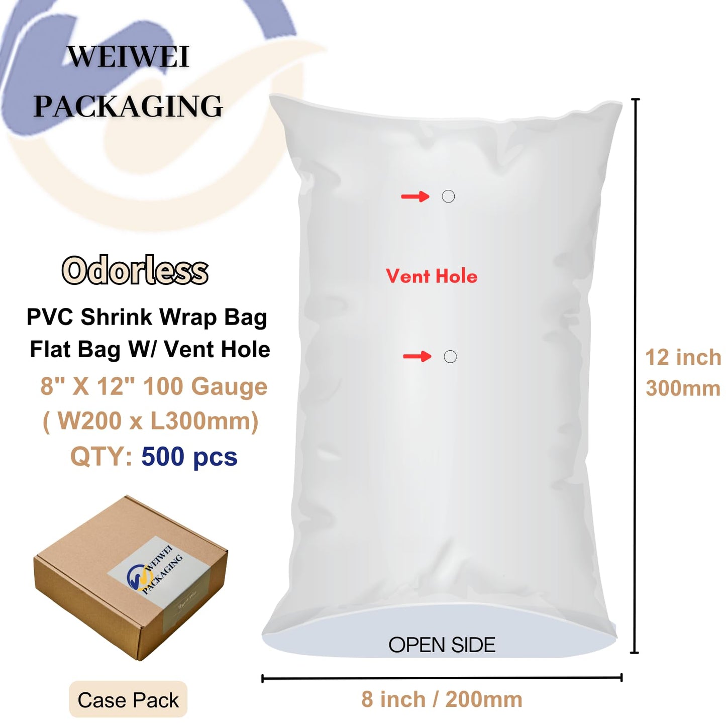 WEIWEI - 8x12 inch 500PCS Odorless PVC Heat Shrink Wrap Bags with Vent Hole