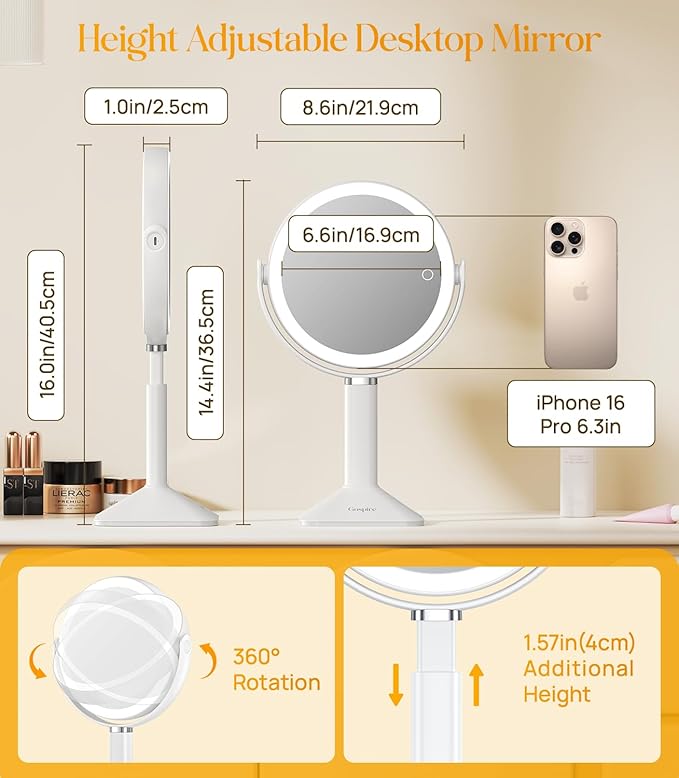Gospire 20X Magnifying Vanity Mirror with Lights - Height Adjustable Lighted Makeup Mirror with Magnification, 4000mAh Rechargeable Battery, 3 Colored Dimmable Light for Desk Home Travel, White