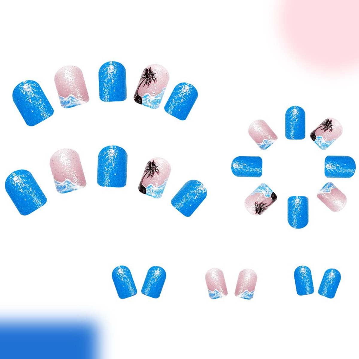 Summer Press On Nails Square Fake Nails Sea With Coconut Tree Glitter Design Short False Nails Full Cover Blue Acrylic Glue On Nail Artificial Glossy Reusable Stick On Nail For Women 24pcs