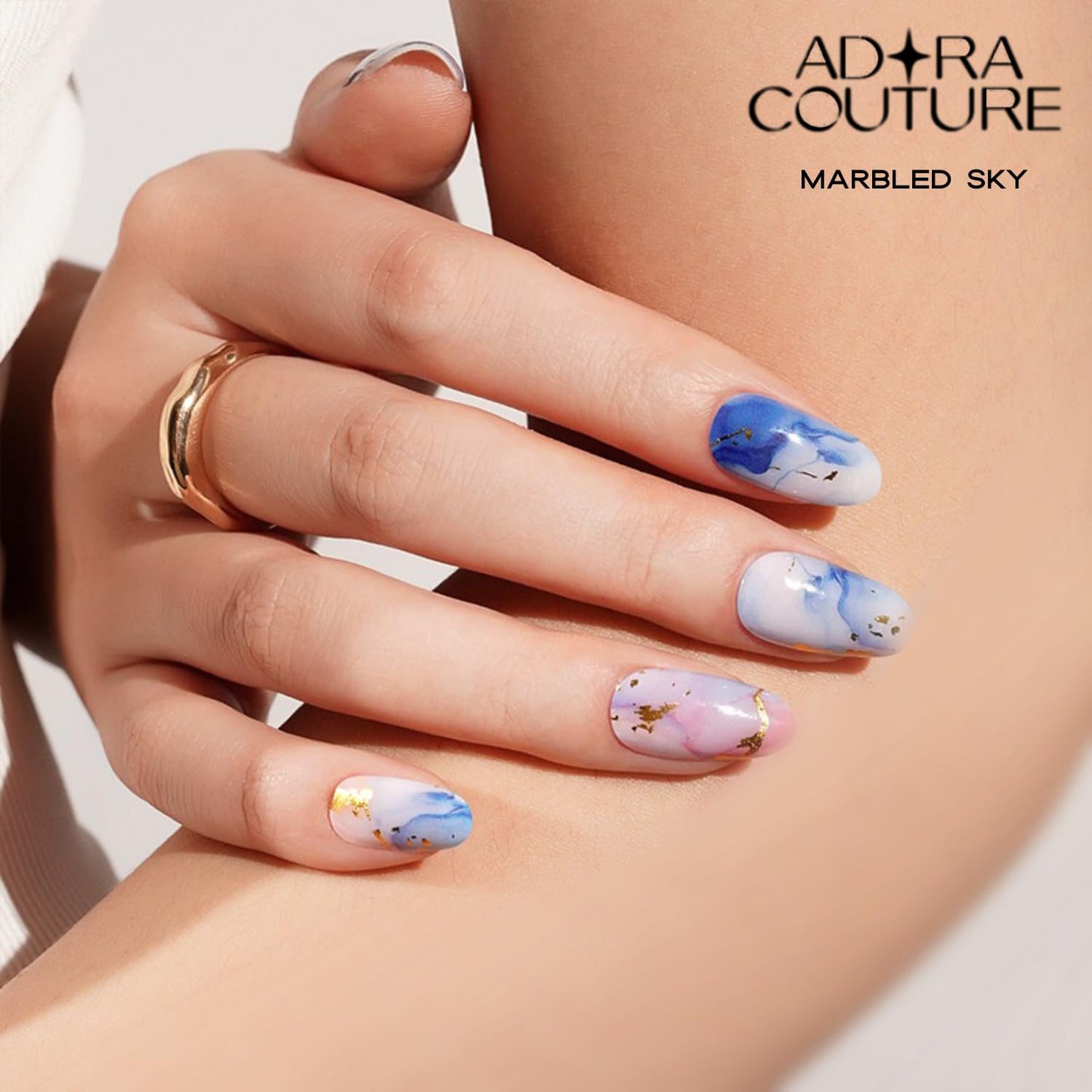 Adora Couture Semi Cured Gel Nail Strips with 20 Pieces - UV Gel Stickers, Manicure Kit, Easy Application Wraps Includes Prep Pads, Nail File, Wooden Stick - UV Light Required (Marbled Sky)