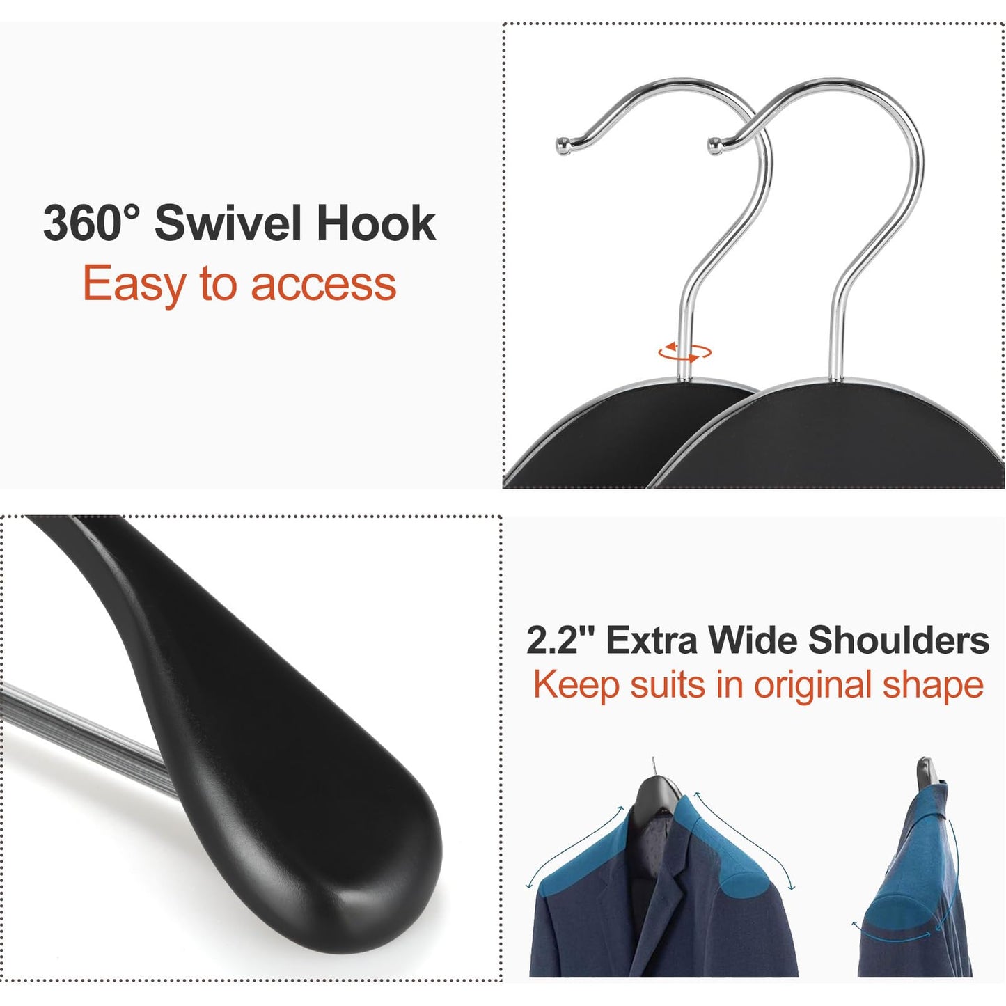TOPIA HANGER Wide Shoulder Wooden Hangers, Suit Hangers with Non Slip Pants Bar & 360° Swivel Hook, Solid Wood Heavy Duty Coat Hanger, 10 Pack (Matte Black)-CT02B-10