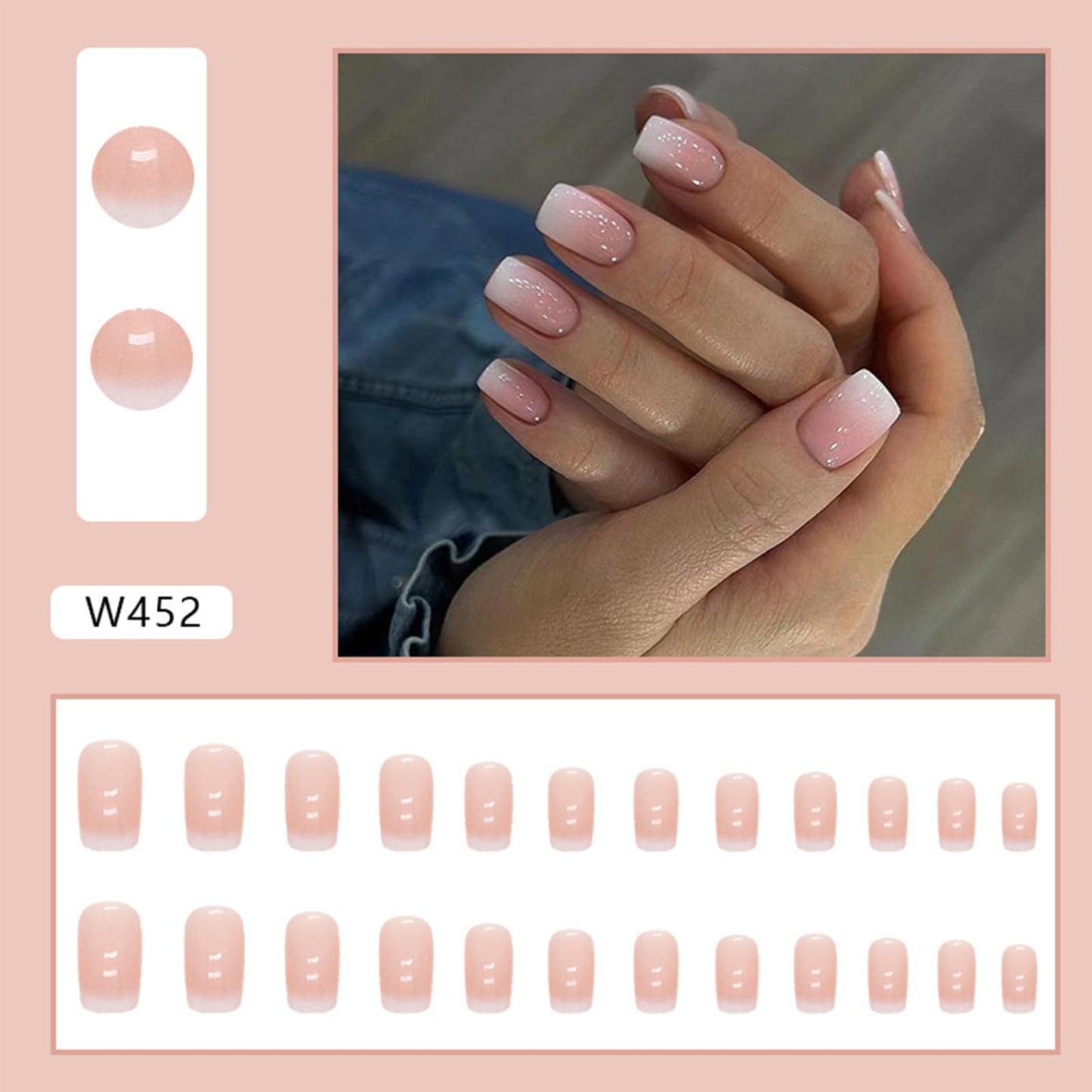 Puyokinm Square Press on Nails Medium Fake Nails Gradient Pink False Nails Full Cover Acrylic Glossy Glue on Nails Nude Artificial Nails Stick on Nails for Women 24Pcs