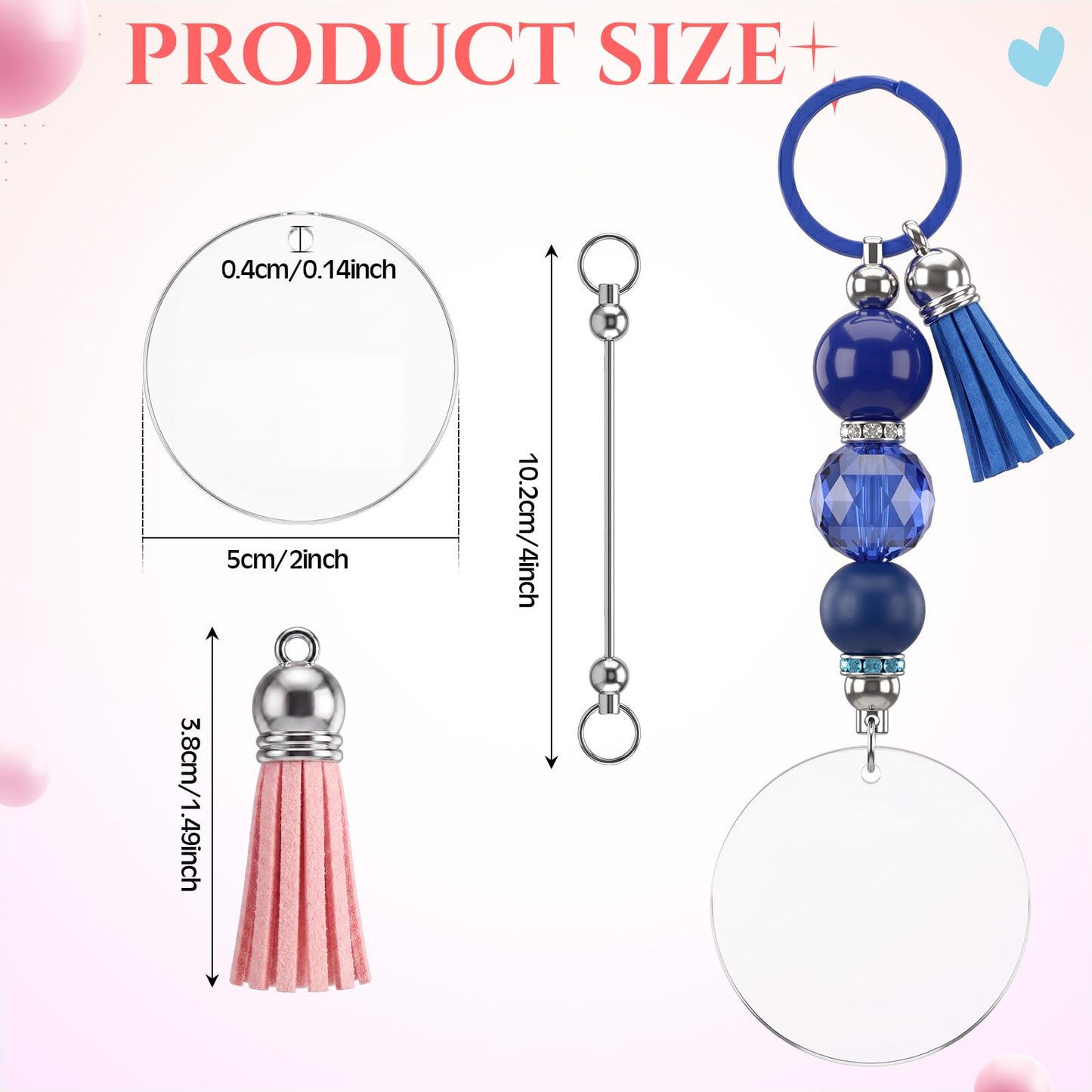 Trnayi 104 Pcs Beadable Acrylic Keychain Blanks Set, Including 26 Clear Acrylic Round Blanks 26 Keychain Ring 26 Tassels 26 Beading Rod for DIY Key Chain Crafting Project Gifts