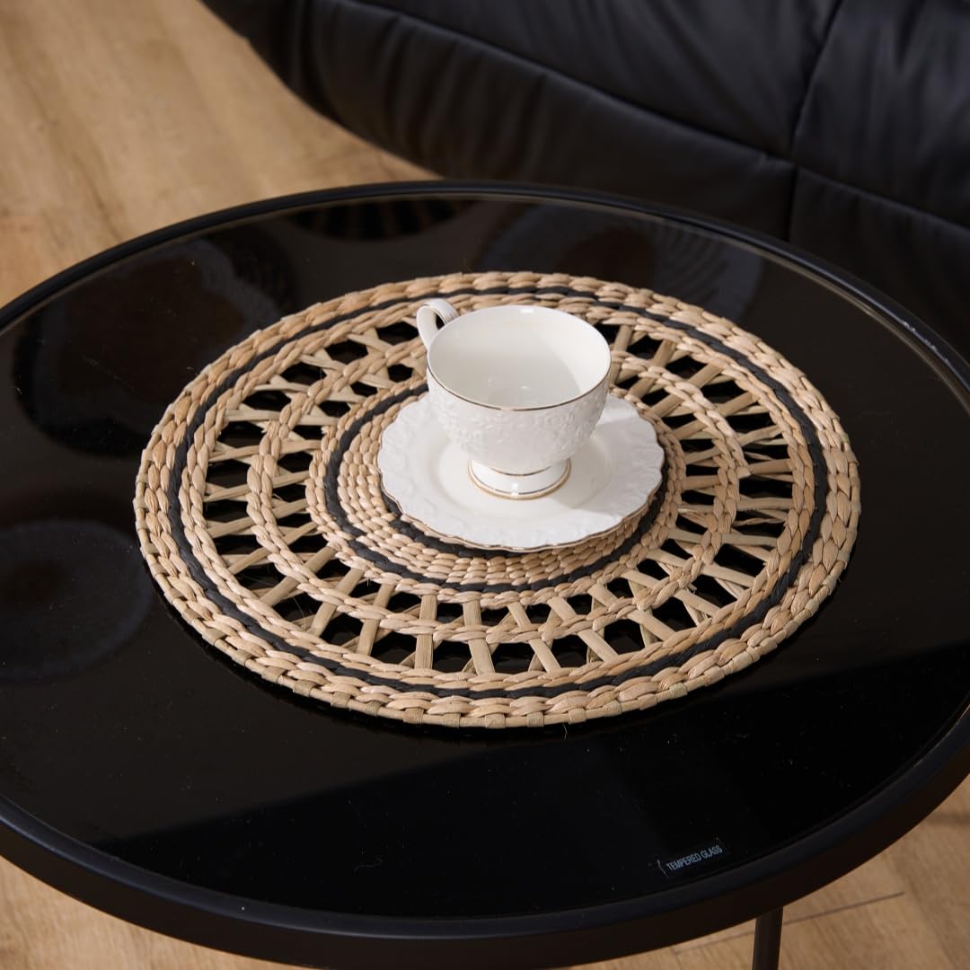 Deosur 2PCS Boho Woven Grass Wall Hanging & Tray – 35CM Handmade Round Wall Art for Living Room & Bedroom – Dual-Purpose, in Black