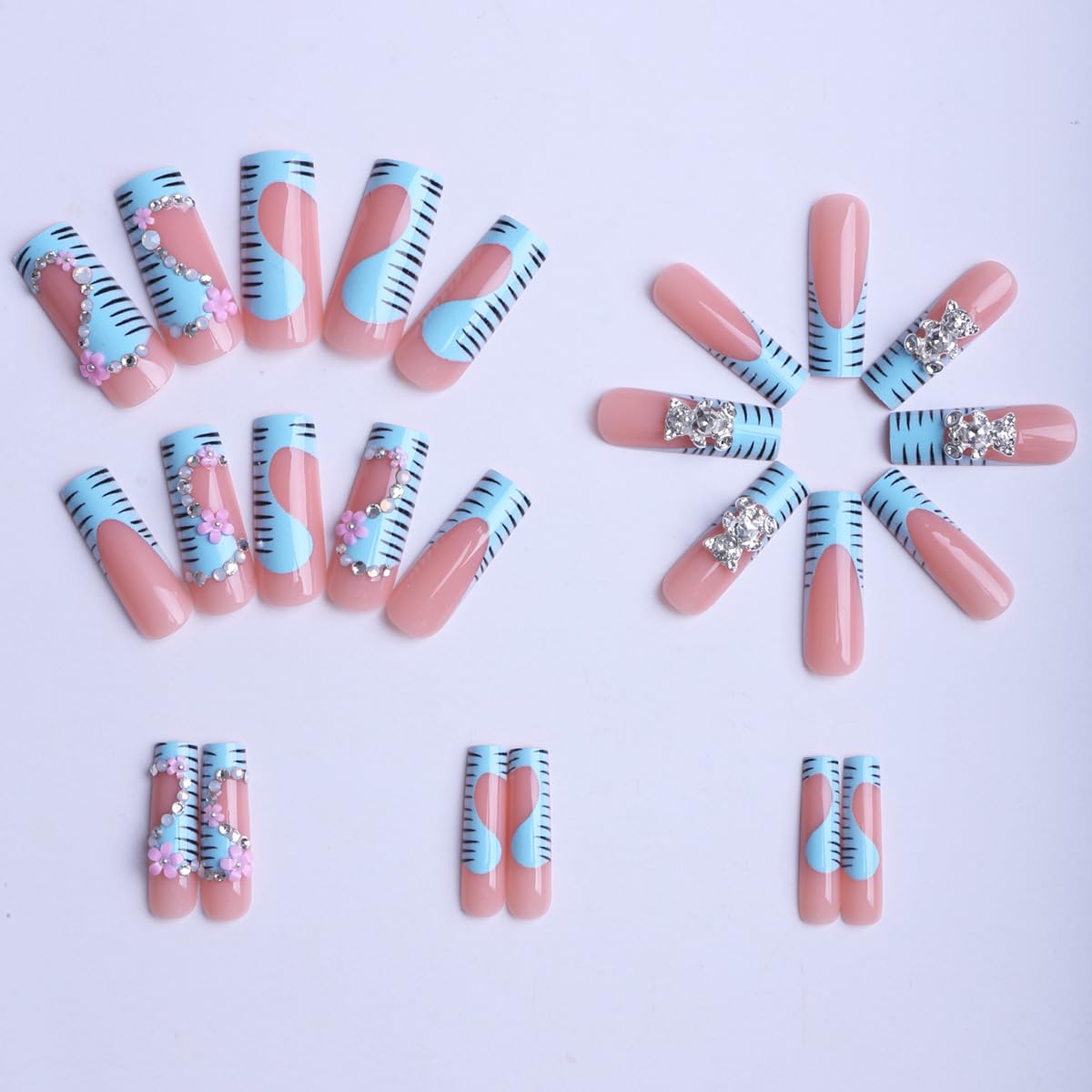 plalely Long Square Press on Nails,Handmade Acrylic Press on Nails with Designs，Long Press on Nail for Women 24pcs
