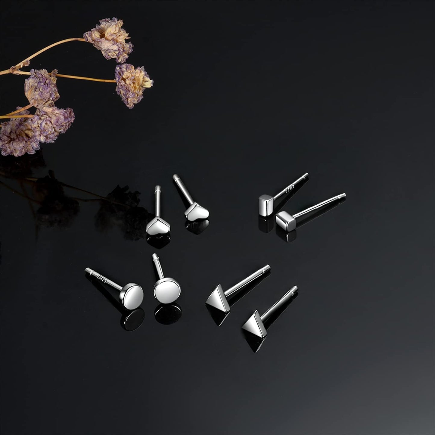 Sterling Silver Stud Earrings for Women Men- 4 Pairs of Hypoallergenic Simple Geometric Small Stud Earring Set Tiny Triangle Square Heart Star Stud Earrings Mini Cartilage Tragus Earrings, Silver