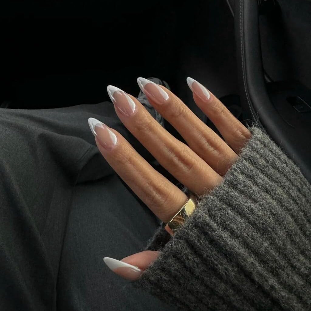 White French Tip Press On Nails Almond - KQueenest Chrome Press On Nails Medium, Glazed Natural Light Nude Fake Nails Press on, Reusable Glue on Nails Stick On Nail for Women Bridal Wedding