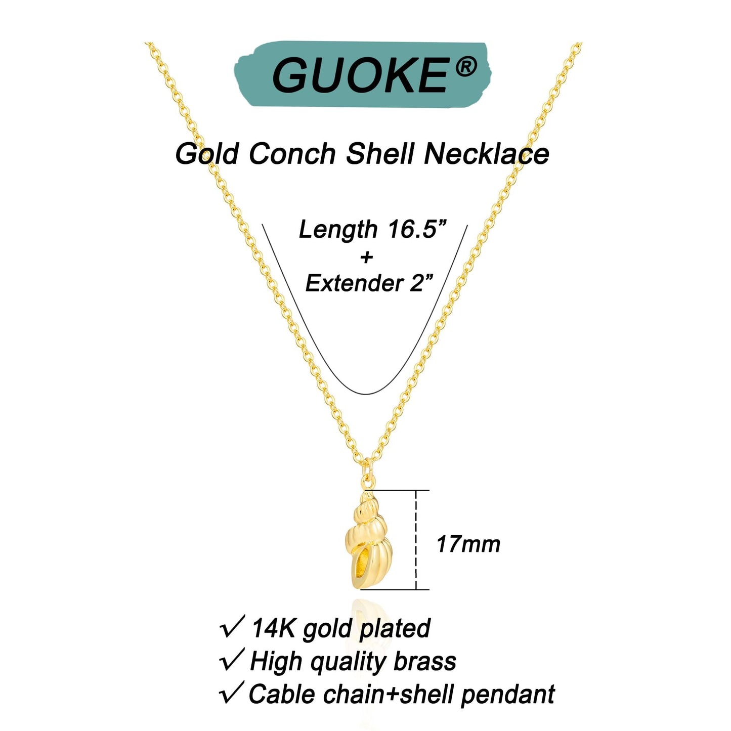 GUOKE Gold Shell Necklace for Women – 14K Gold Plated Conch Pendant, Dainty Seashell Necklace, Nautical Beach Minimalist Jewelry for Her