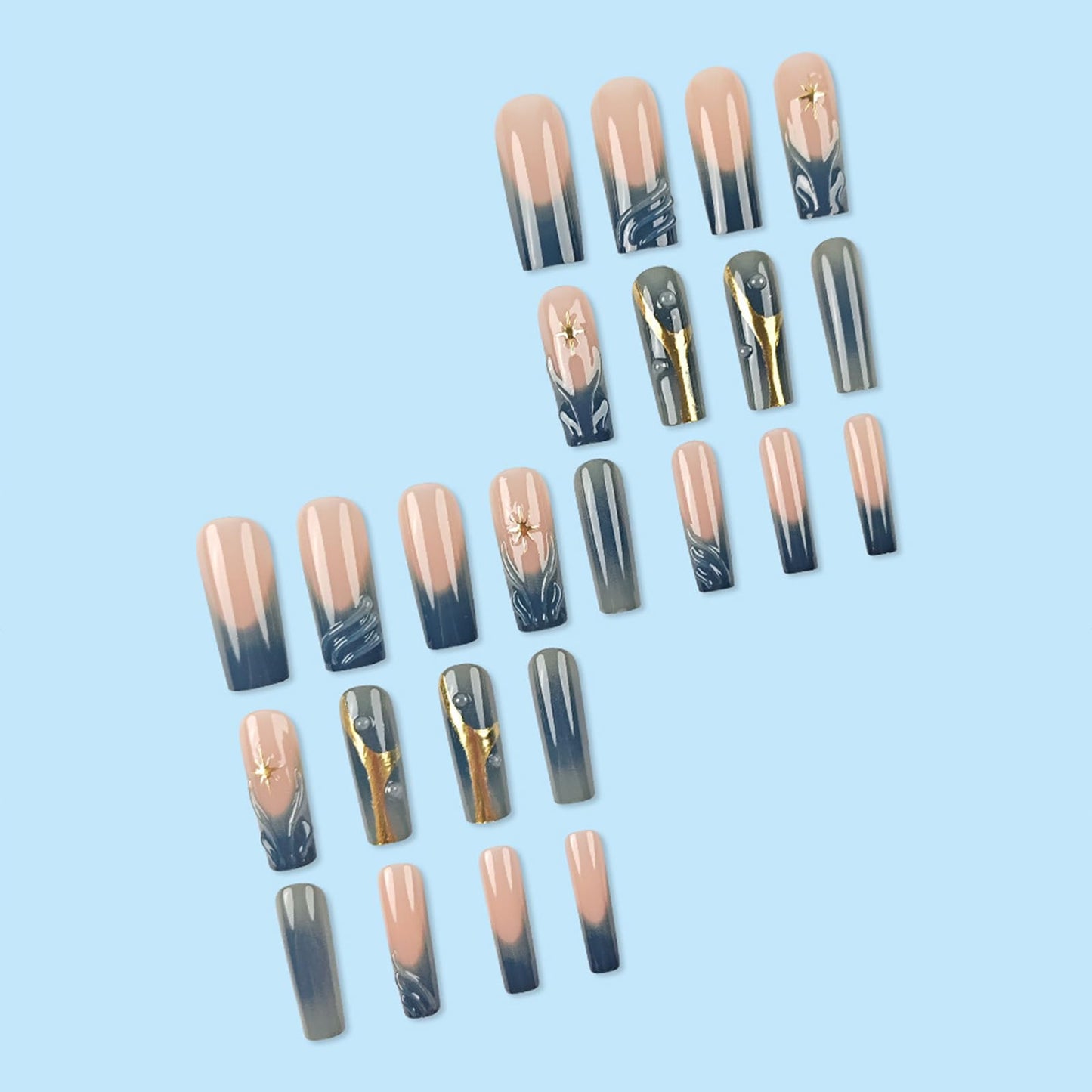 IMRAIN Long Press on Nails Square French Tip Fake Nails with 3D Wave Design Full Cover Blue Gradient & Golden Line Acrylic Nails Glossy Glue on Nails Artificial Squoval False Nails 24Pcs