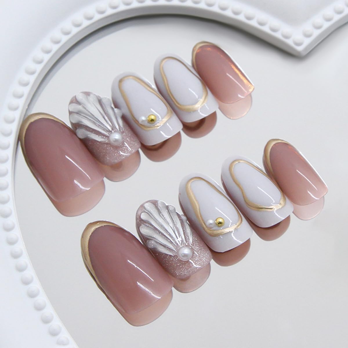 Summer SeaShell Press on Nails Medium Oval Fake Nails Pink White Nails Press ons with Gold Chrome Design Full Cover Stick on Nails for Women Beach Manicure,Reusalbe | Easy Apply | 24Pcs