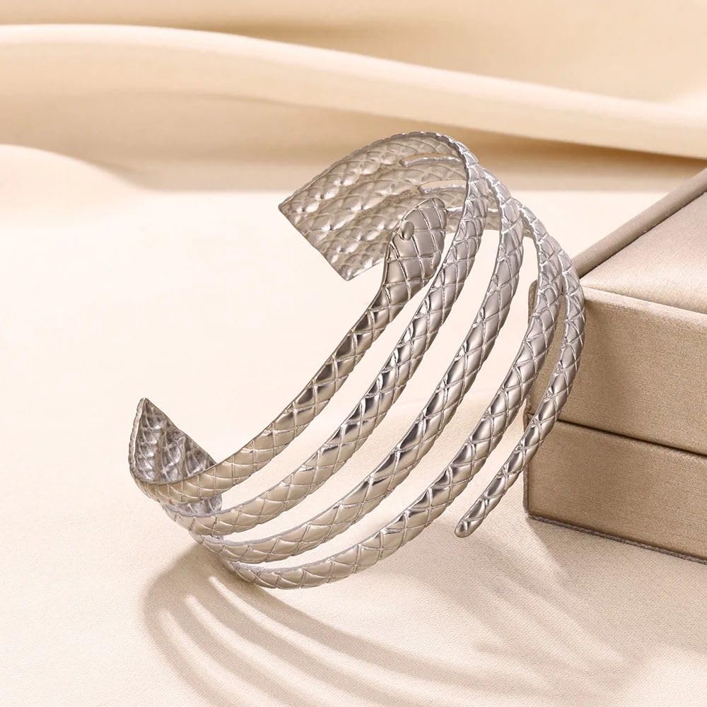 YWMAN Wide Silver Snake Serpent Cuff Bracelet, Multi-Band Textured Open Bangle for Women