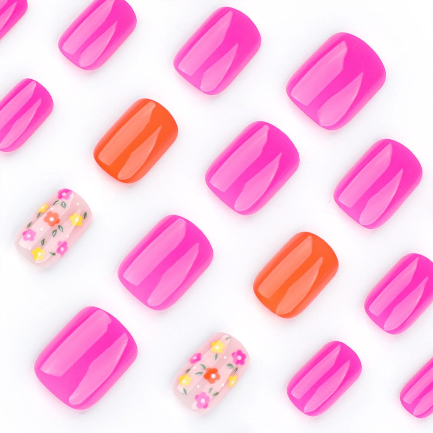 Pink Press on Nails Short Square Fake Nails with Colorful Flower Designs Orange Nails Press ons Glossy Glue on Nails Spring Acrylic Nails Cute Flase Nails Stick on Nails for Women 24Pcs
