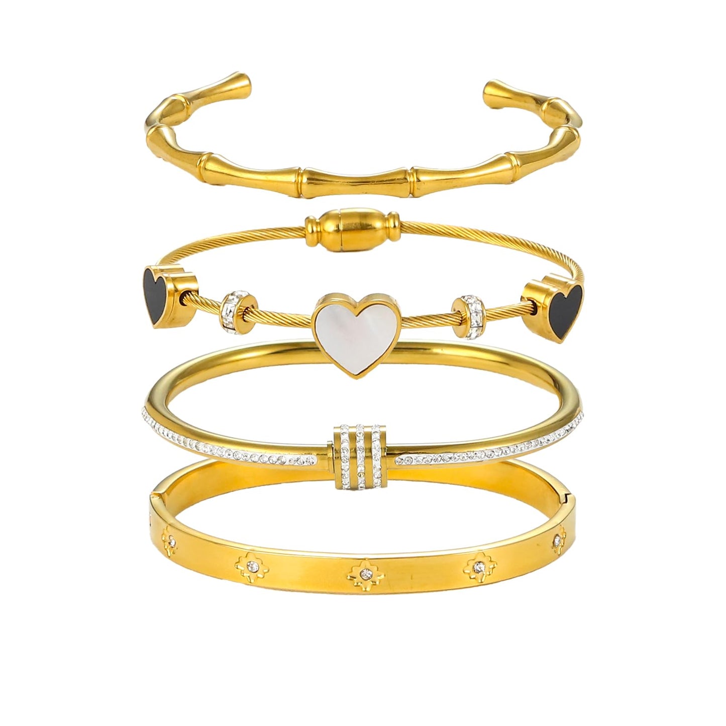 Women's 18K Gold Plated Stainless Steel Bangles & Bracelets Set White Shell Heart Roman Numerals & Cubic Zirconia Twisted Bands Waterproof Tarnish Resistant Hypoallergenic 2.3 Inches (6cm) Stackable Design (4-PC Style A)