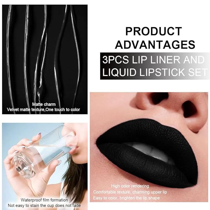 3Pcs 2 in 1 Dark Black Purple Royal Blue Lip Liner and Liquid Lipstick Stain Makeup Set for women, Long Lasting Smudge Proof Lip Tint Matte Finish Lip Gloss for All-Day Color Hold Easy to Use, Set07