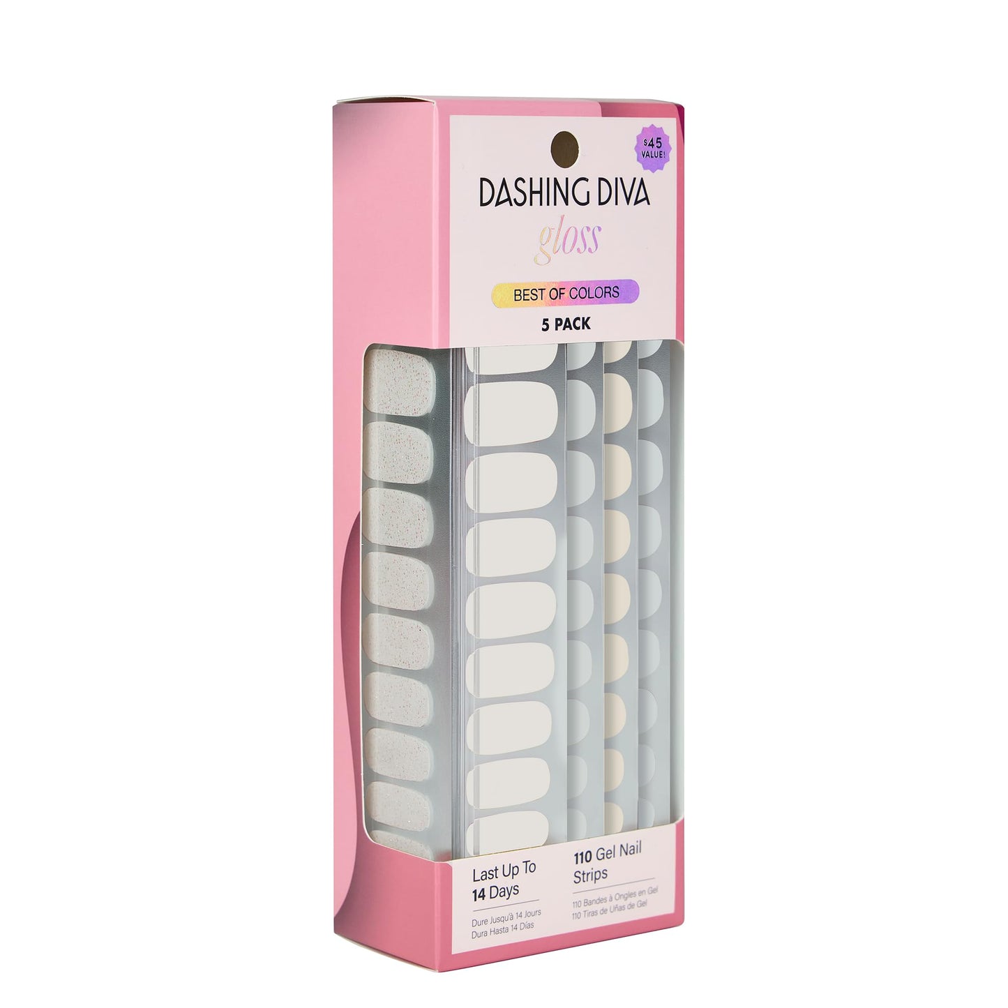 Dashing Diva Gloss Nail Strips 5-in-1 Kit - Best of Blancs - UV Free, Chip Resistant, Long Lasting Gel Nail Stickers - Contains 110 wraps, 5 prep pads, 2 nail files