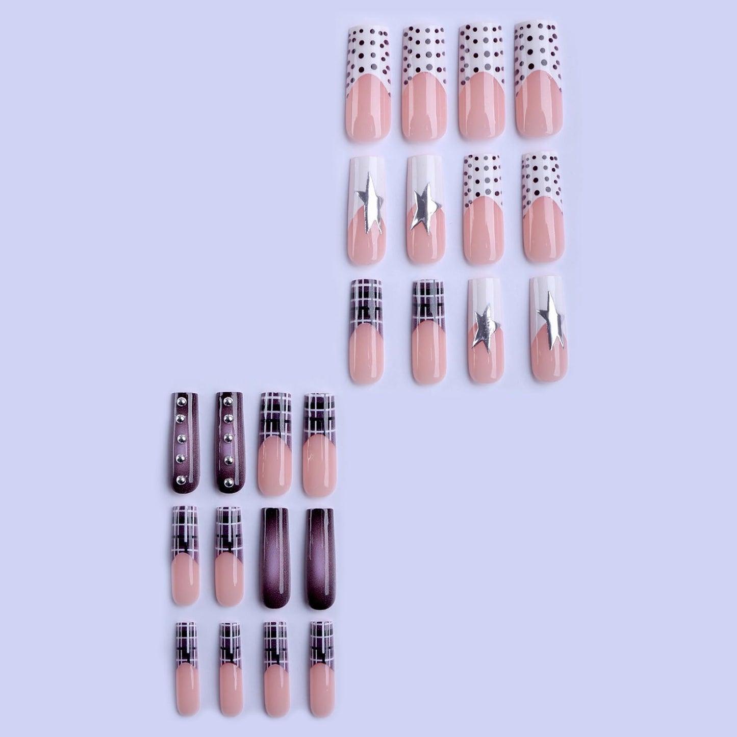 MISUD Press on Nails - Long Square Fake Nails with Goth Purple Ombre, Acrylic Y2K Star Charms Design 24 pcs