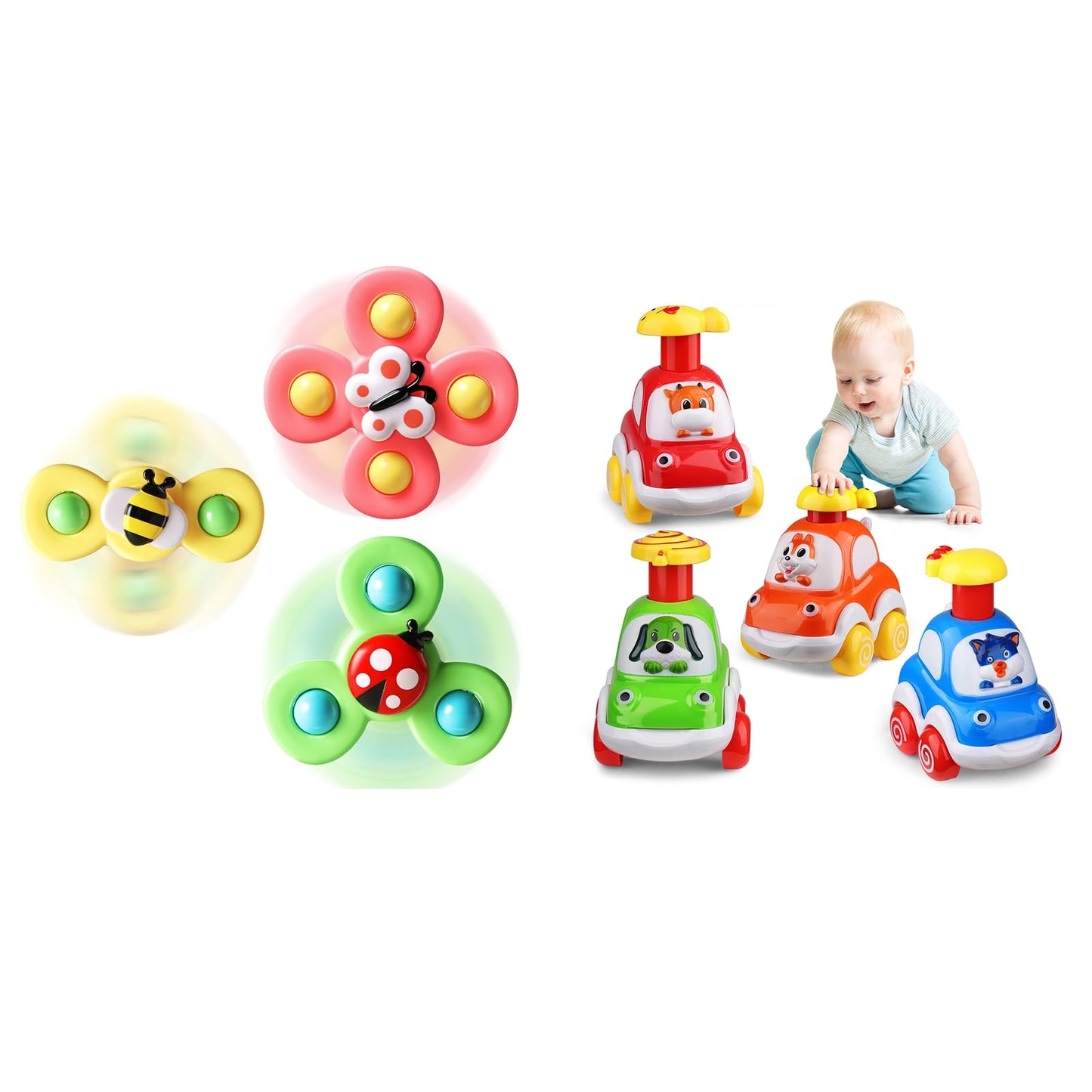 ALASOU 3 PCS Suction Cup Rotating Toys and 4 PCS Animal Car Toys for Infant and Toddlers