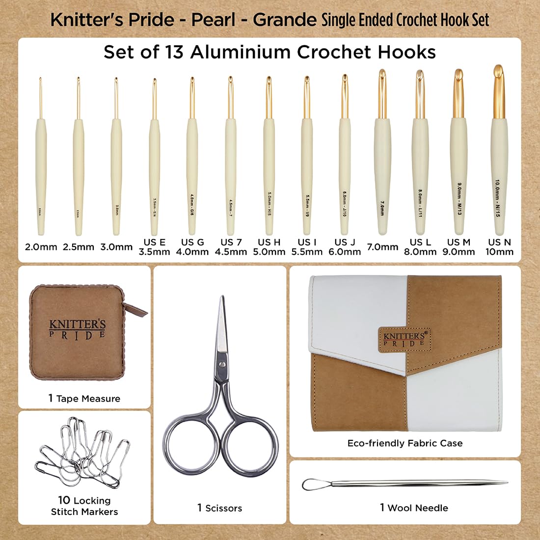 Knitter’s Pride Pearl Grande Aluminum Crochet Hook Set – 13 Sizes (2mm to 10mm)