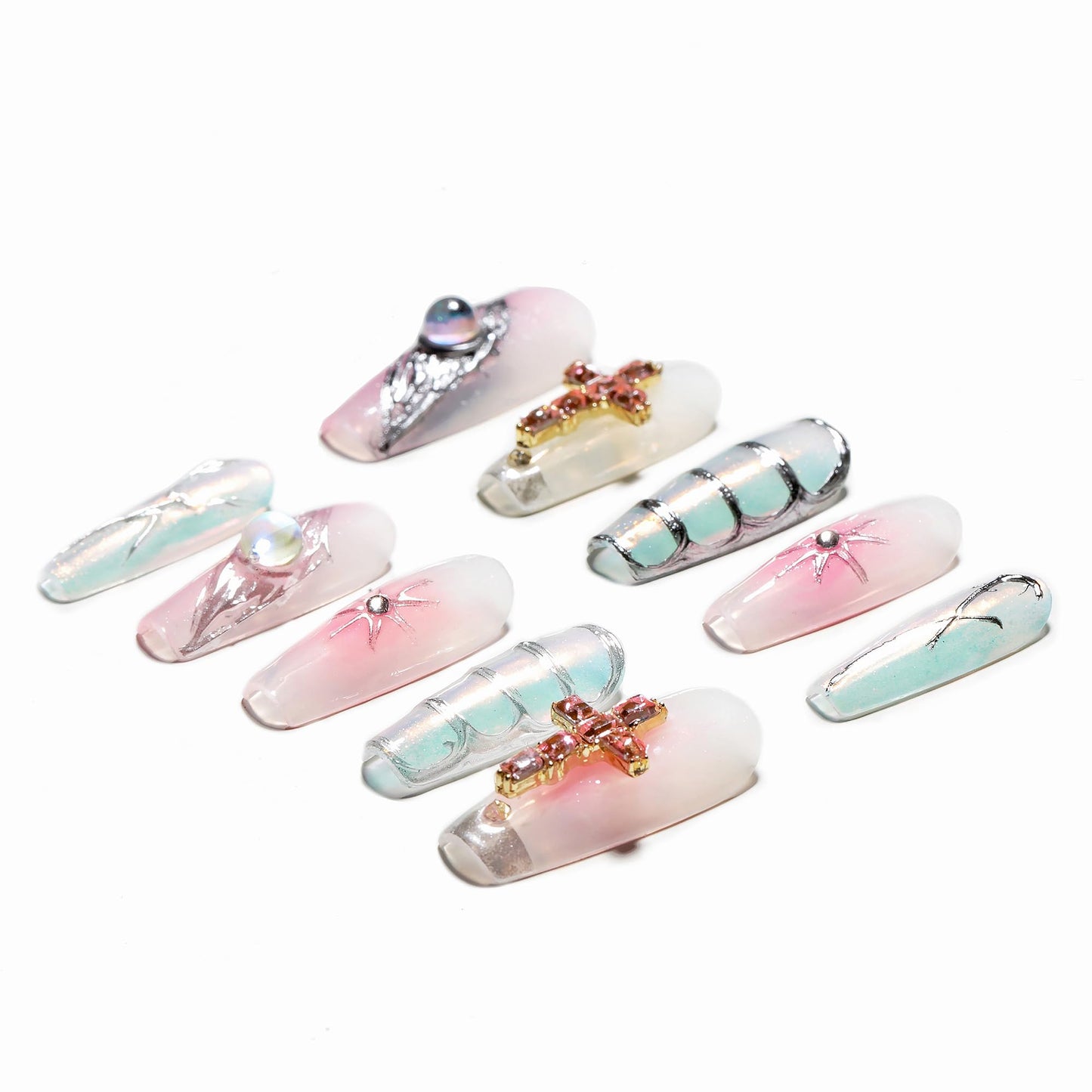 Sun&Beam Nails Handmade Press-on Medium Long Coffin Ballerina Pink Sliver Aurora Rhinestone Y2K Design False Nail Tips 10 Pcs (#137 S)