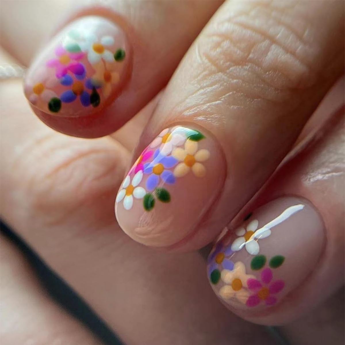 Flower Press on Nails Short Square Fake Nails Pink False Nails Press ons with Designs Floral Glossy Full Cover Cute Acrylic Glue on Nails Artificial Spring Stick on Nail for Women Manicure 24Pcs