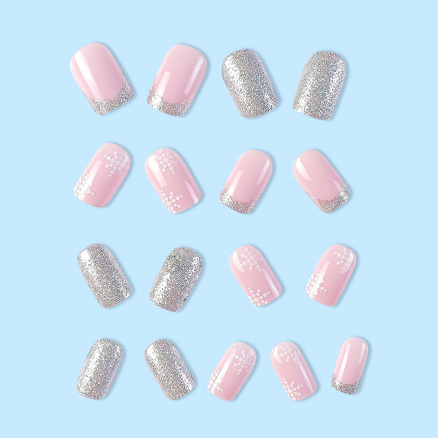 Christmas Snowflake Press on Nails French Tip Fake Nails Glossy Silver False Nails Tips with White Snowflake Designs Acrylic Nails Press ons Winter Glue on Nails Short Square Stick on Nails for Women