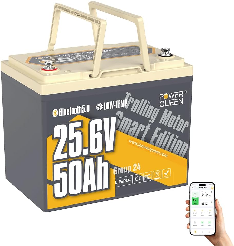 Power Queen 24V50Ah LiFePO4 Battery with Bluetooth 5.0 Remote Control, Low-temperature Protection, 1280Wh Energy, Deep Cycle Lithiumn Battery for 24V Trolling Motor Up To 100 lbs