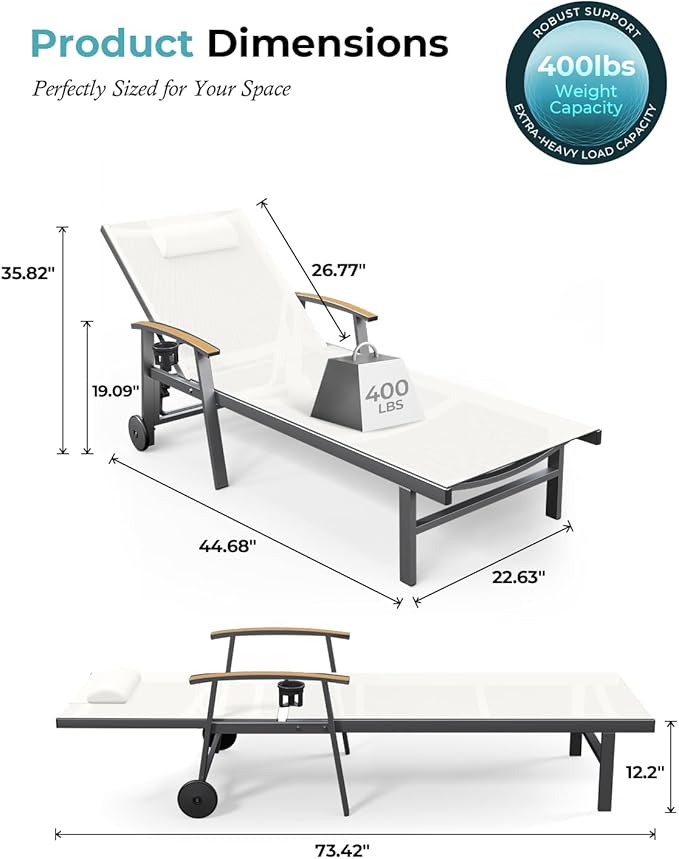 Ciokea Outdoor Lounge Chair with Pillow, 5-Position Aluminum Chaise Lounge with Wheels & Armrests, 400 lbs Heavy Duty Patio Pool Chair for Deck, Backyard, Beach & Poolside, White