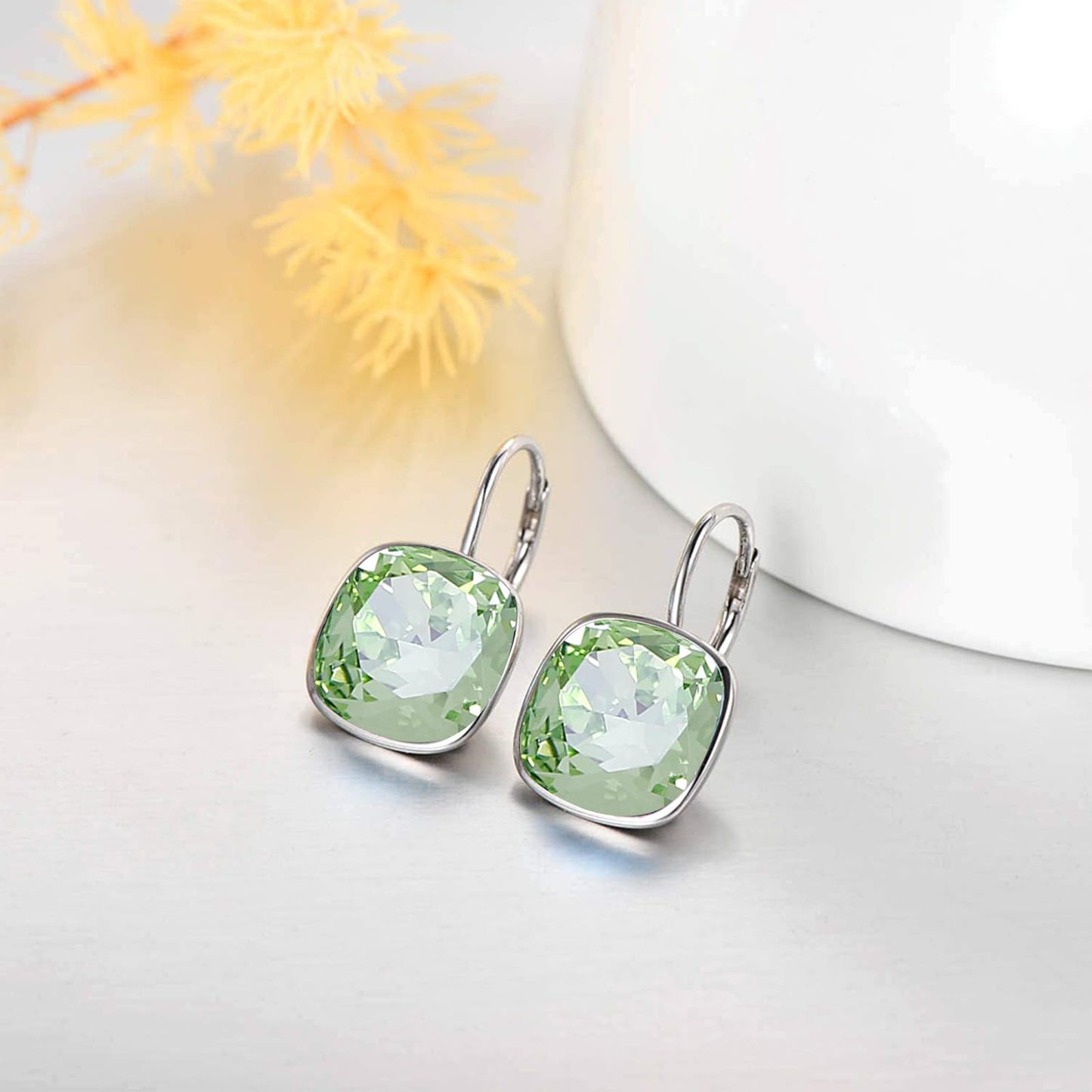 AOBOCO Sterling Silver Leverback Earrings Embellished with Crystals from Austria, Hypoallergenic Cushion Cut Square Crystal Earrings, Fine Anniversary Birthday Jewelry Gifts for Women (Light Green)