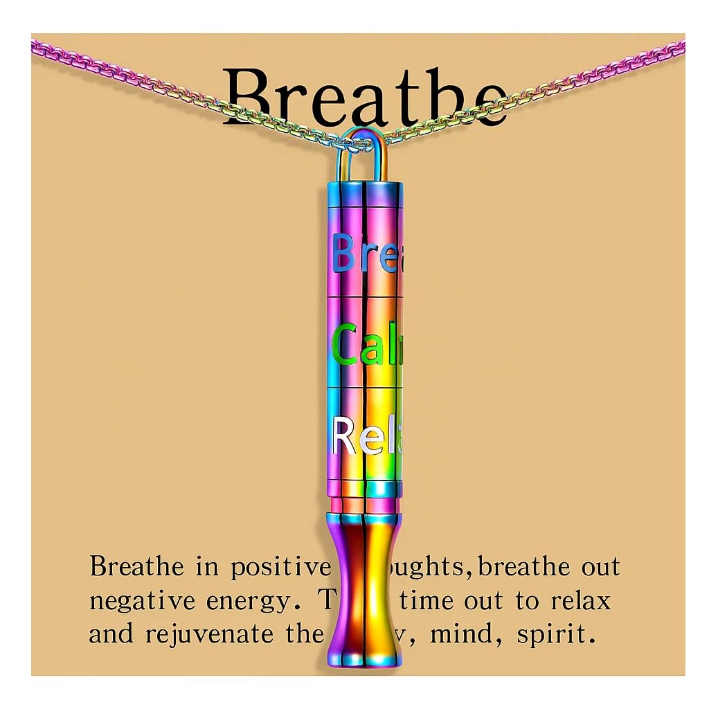 Fidget Necklace with Spinning Calm, Breathe, Relax Charms - Sensory Anxiety Relief & Deep Breathing Aid Stainless Steel Necklaces for Women Men (Rainbow)