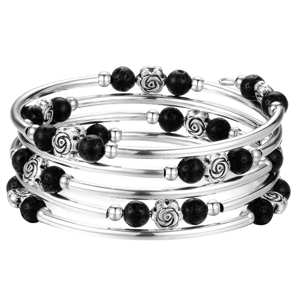 BULINLIN Wrap Bangle Rose Bead Bracelet - Beaded Bracelet with Natural Agate Stone Gifts For Women(01-Lava black)