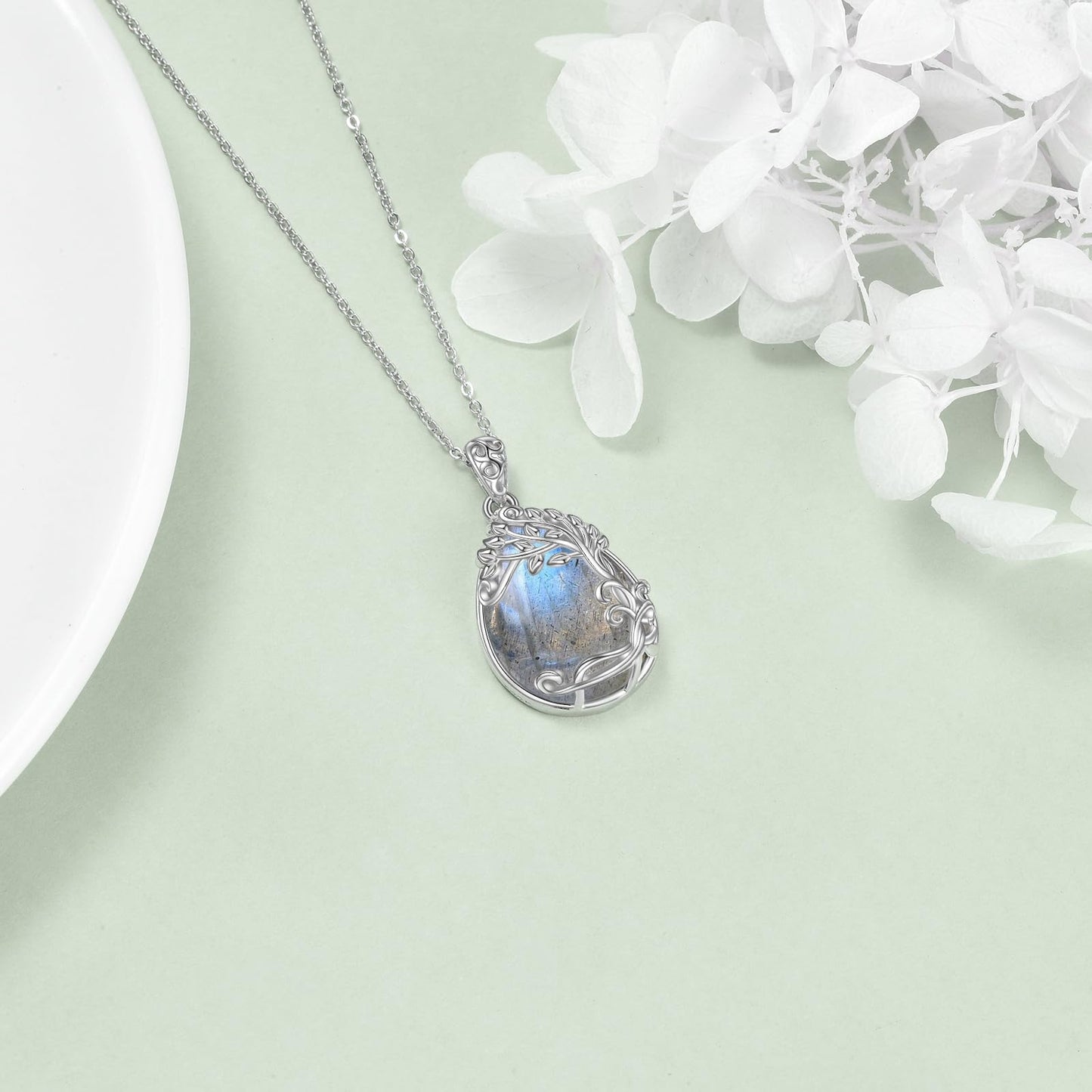 YAFEINI Sterling Silver Labradorite Tree of Life Teardrop Pendant Necklace
