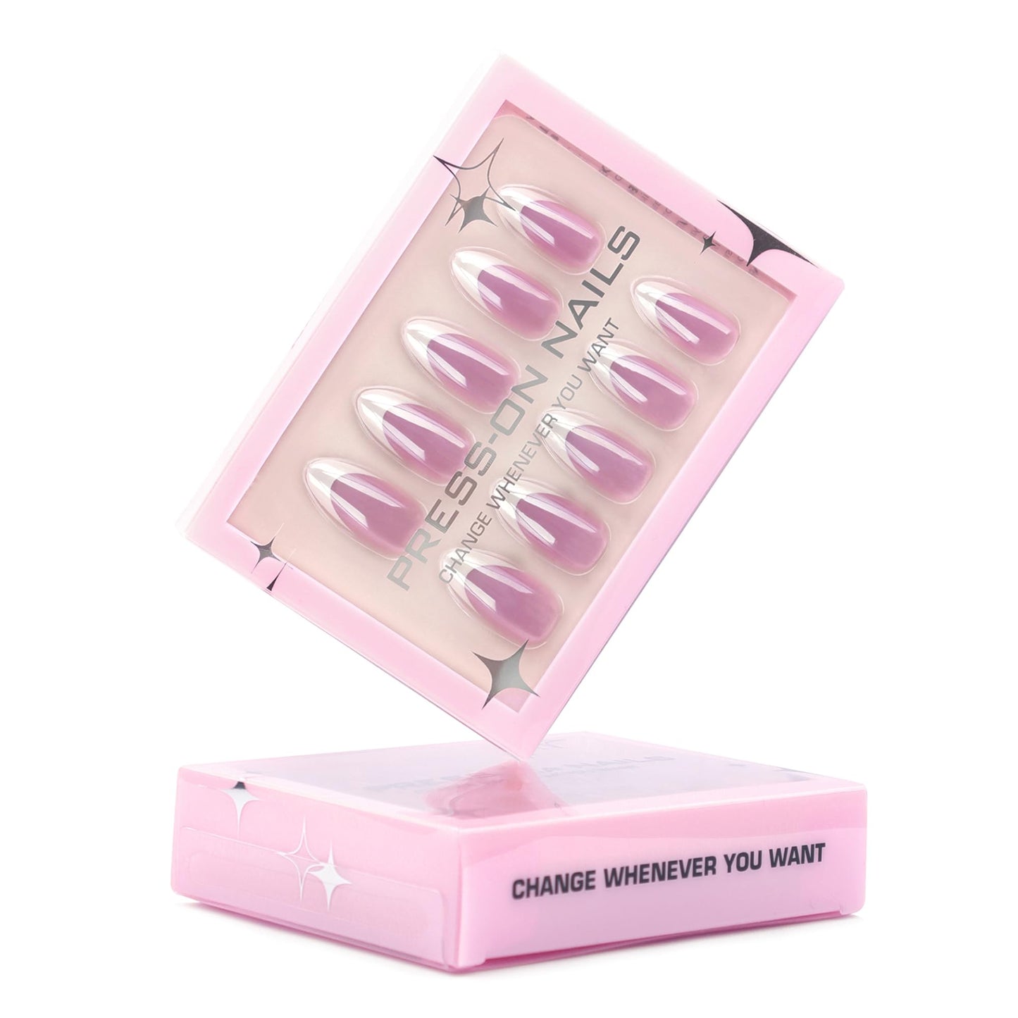 Almond Press-On Nails – 30 Pcs Glossy Chrome, French Tip & Solid Color Nail Set with Glue & Adhesive Tabs | PMMA Coated Reusable False Nails for Women & Teens (Parisian Tip, Medium)