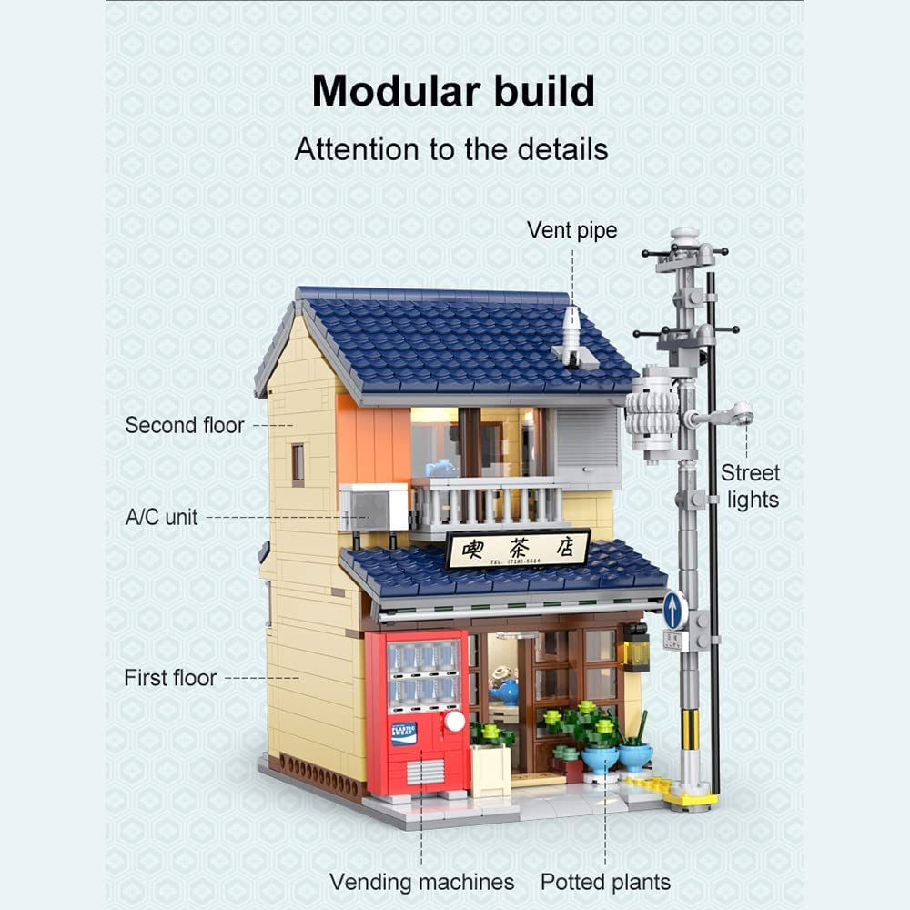 MISINI C66010W Japanese Tea House Building Blocks Set, MOC CADA Bricks Street View House Building Kit with Lighting Set, Awesome Building Toys Gift for Kids and Adults(1200 pcs)