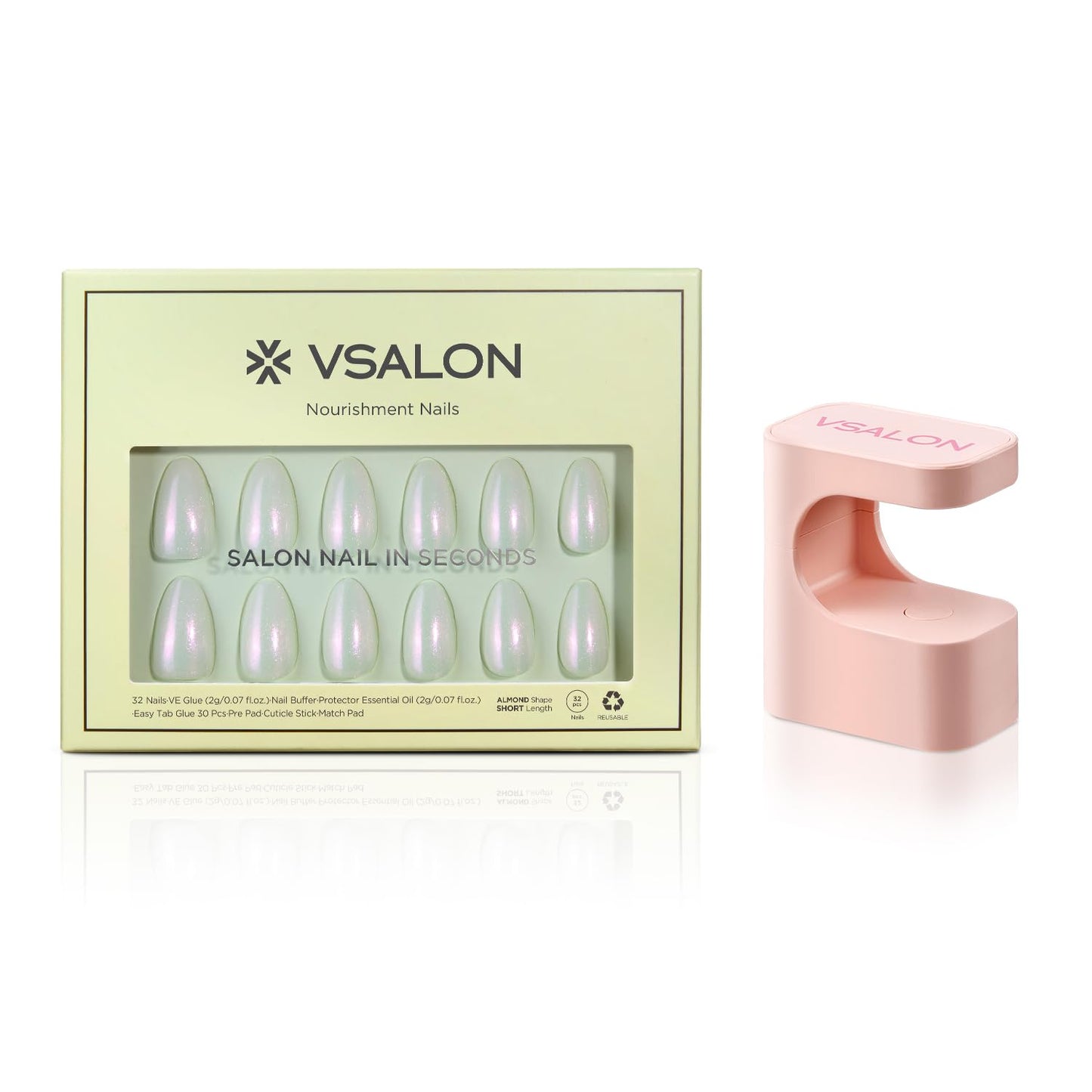 VSALON Press On Nails Short Almond, Shimmer White Opaque Fake Nails & Lamp