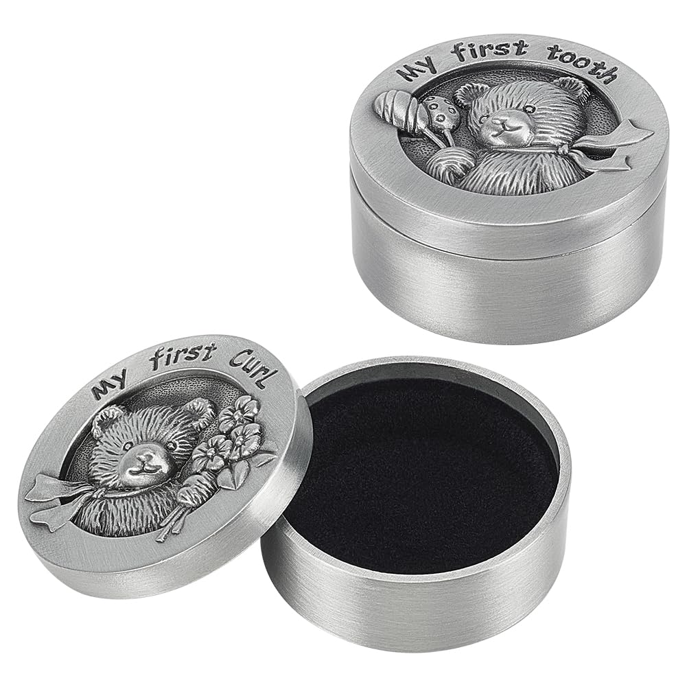 FINGERINSPIRE 2 PCS My First Curl & Tooth Bear Keepsake Box - 1.3inch Inner Size Antique Silver Baby Teeth Collection for Childhood Memory, Alloy Tooth Holder and Curl Organizer Set