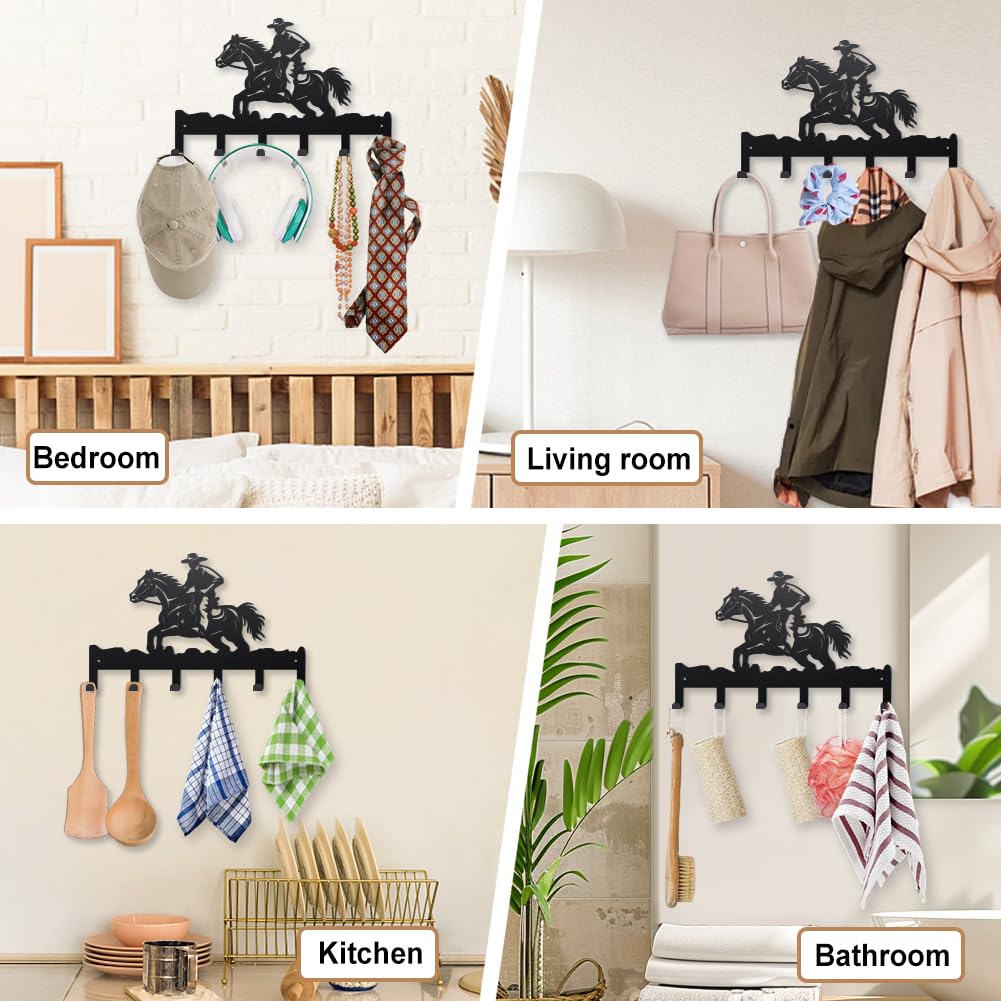 MAYJOYDIY Human Horse Riding Metal Key Hooks 9.8×15.7 Inch Western Cowboy Hat Wall Mounted Hook Hangers Grasslands Key Holder for Wall with 6 Hooks for Kitchen Entryway Hallway Garden Doorway