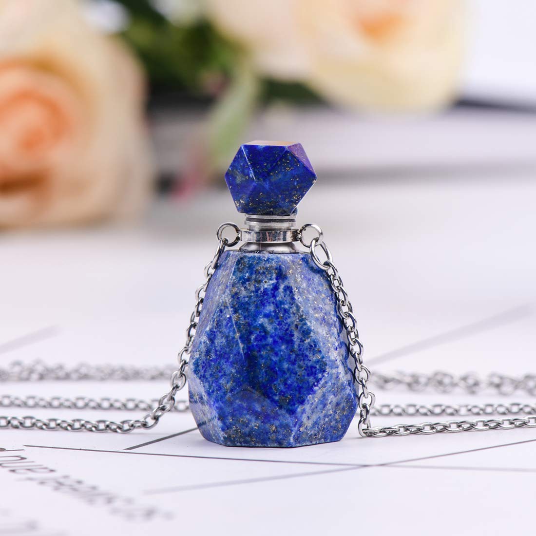 YGLINE Stone Essential Oil Diffuser Necklace for Women,Lapis Lazuli Healing Stone Perfume Bottle Pendant with Chain for Men