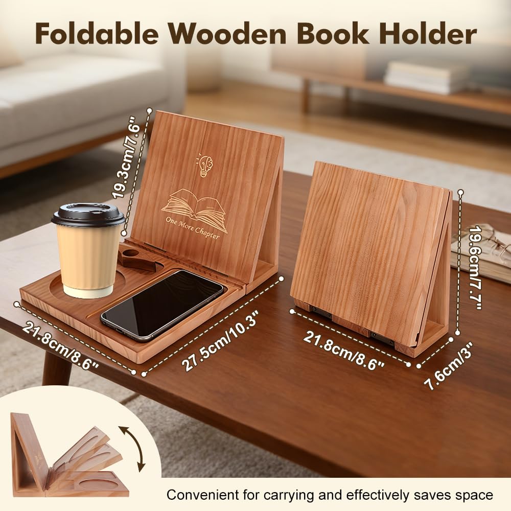 Triangle Book Holder Stand & Reading Valet, Foldable Wooden Book Rest with Cup, Phone, Glasses & Pen Holder, Includes Thumb Page Holder, Ideal Reading Accessory Gift for Book Lovers, Readers