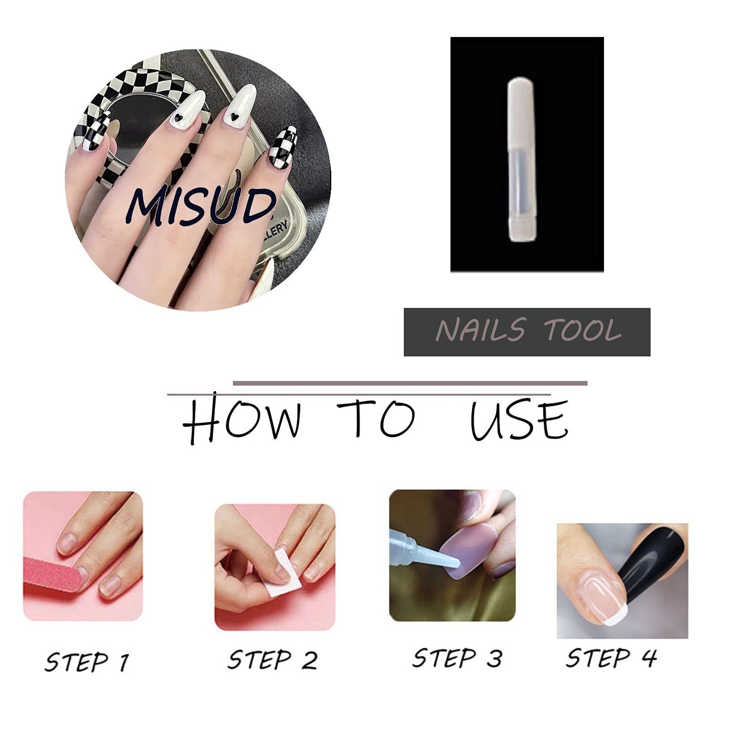 MISUD Press on Nails - Short Oval Glue on Nails with Black White, Acrylic Checkered Design 24 pcs