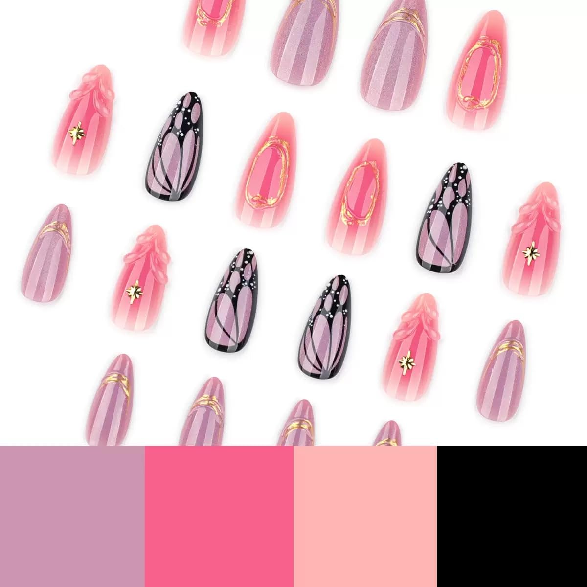 CTTHNBD Press on Nails Almond - Medium Fake Nails with Butterfly Design - Glossy, Purple False Nails Press ons - for Women 24 Pcs