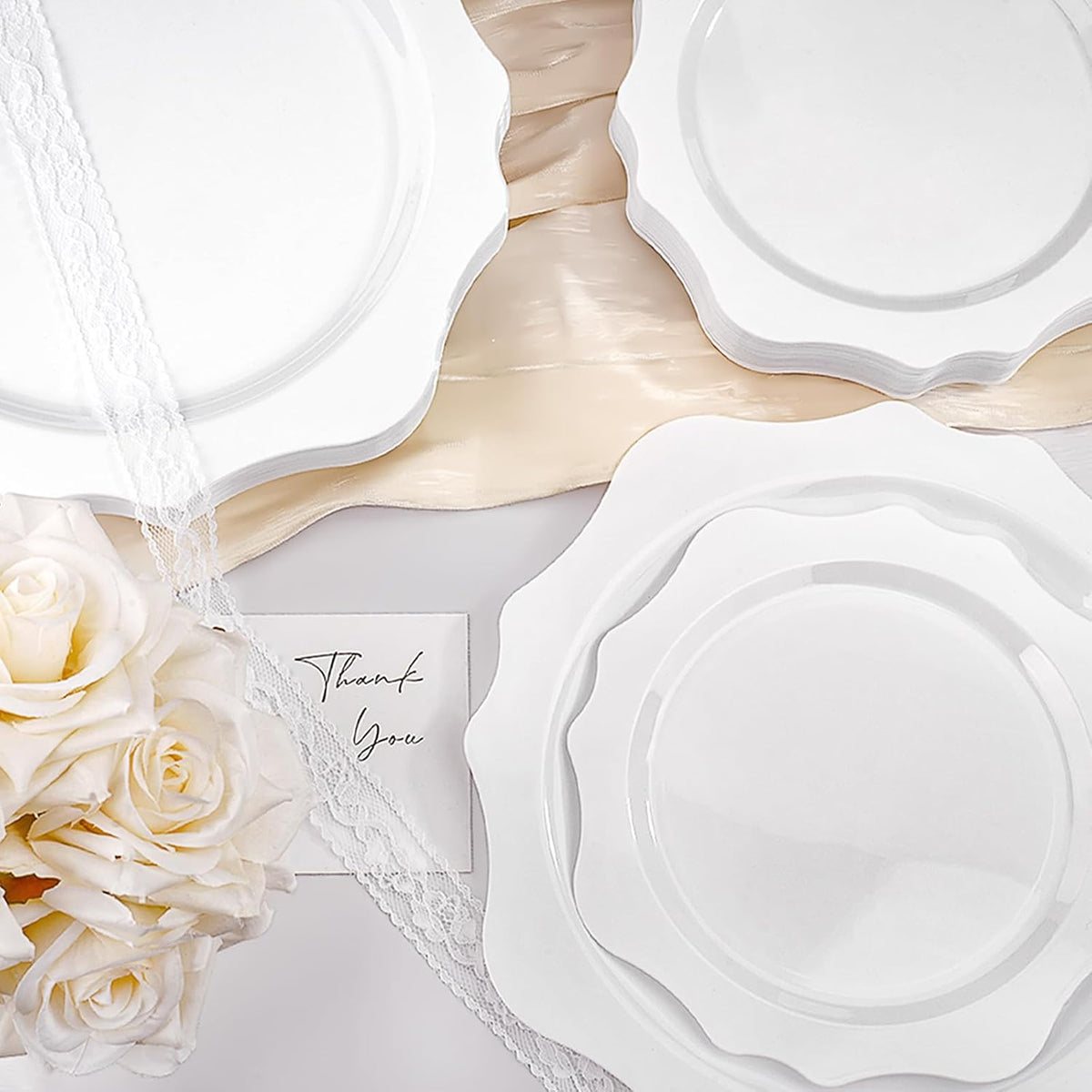 100 PCS White Disposable Plates for 50 Guests, Scalloped Plastic Plates Include 50 Dinner Plates and 50 Dessert Plates for Party, Wedding