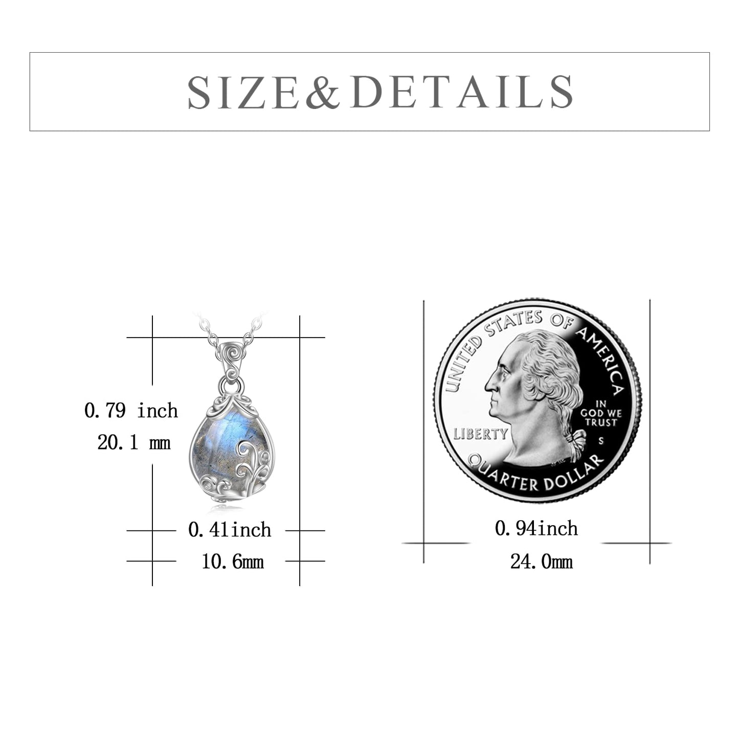 POPLYKE Sterling Silver Labradorite Filigree Teardrop Necklace Jewelry for Women（Small）